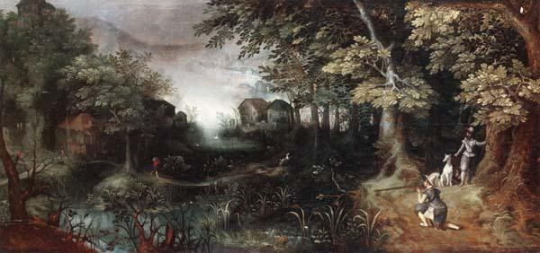 Claes Dircksz.van er heck A wooded landscape with huntsmen in the foreground,a town beyond